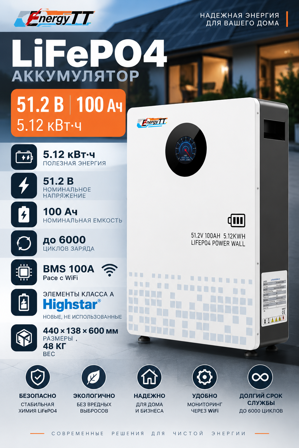 LiFePO4 аккумулятор 51.2В 100Ач